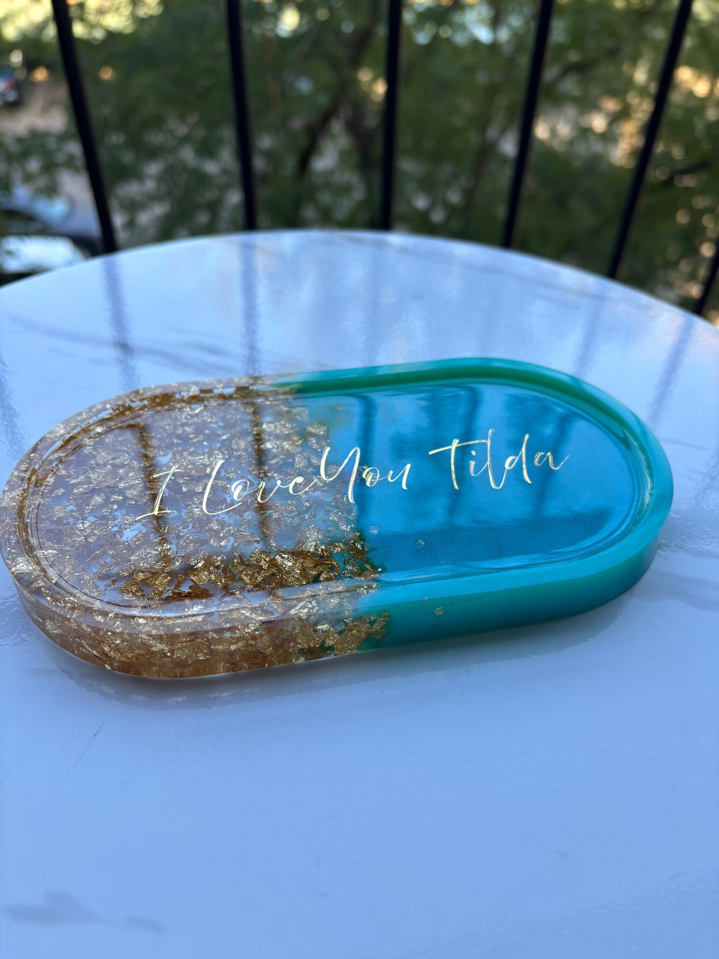 Gold and Turquoise Accessory Tray - with Custom Message