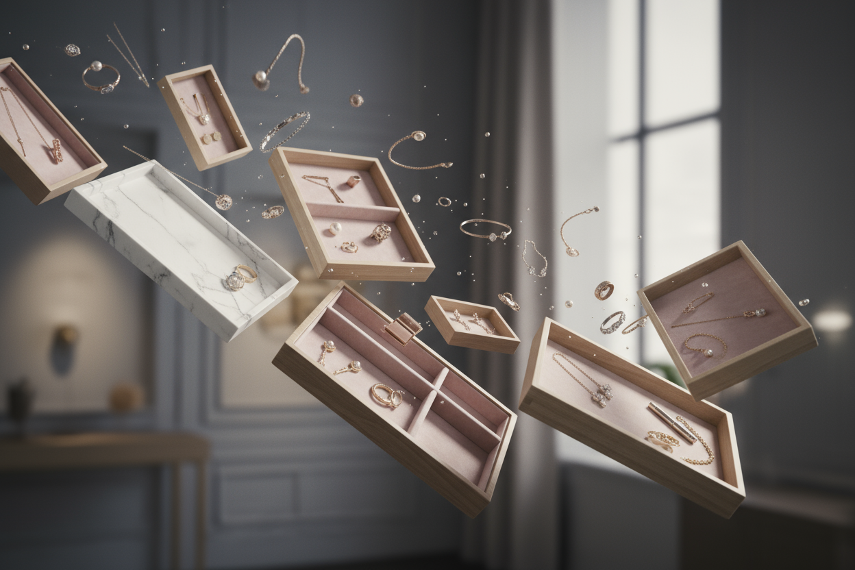 videos of accessory trays aesthically falling from the side